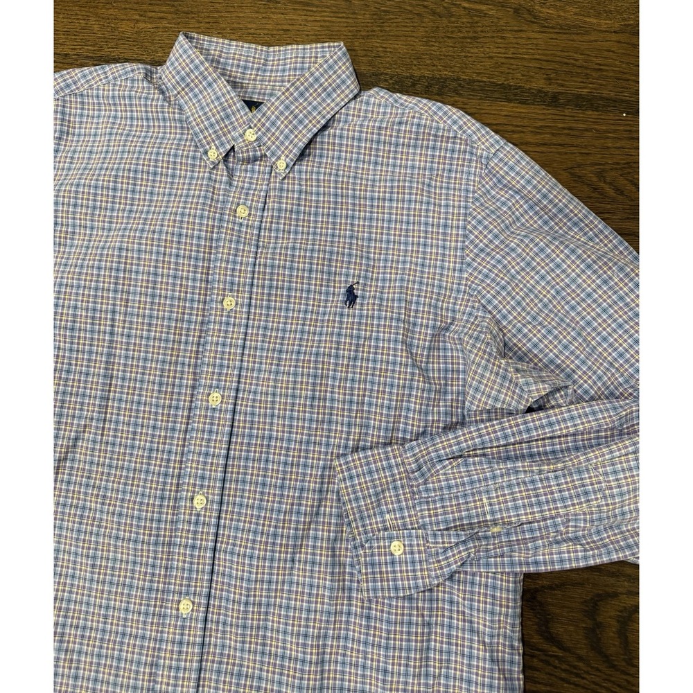 Ralph Lauren Shirt Men Large Blue Plaid Indigo Oxford Preppy Casual Long Sleeve